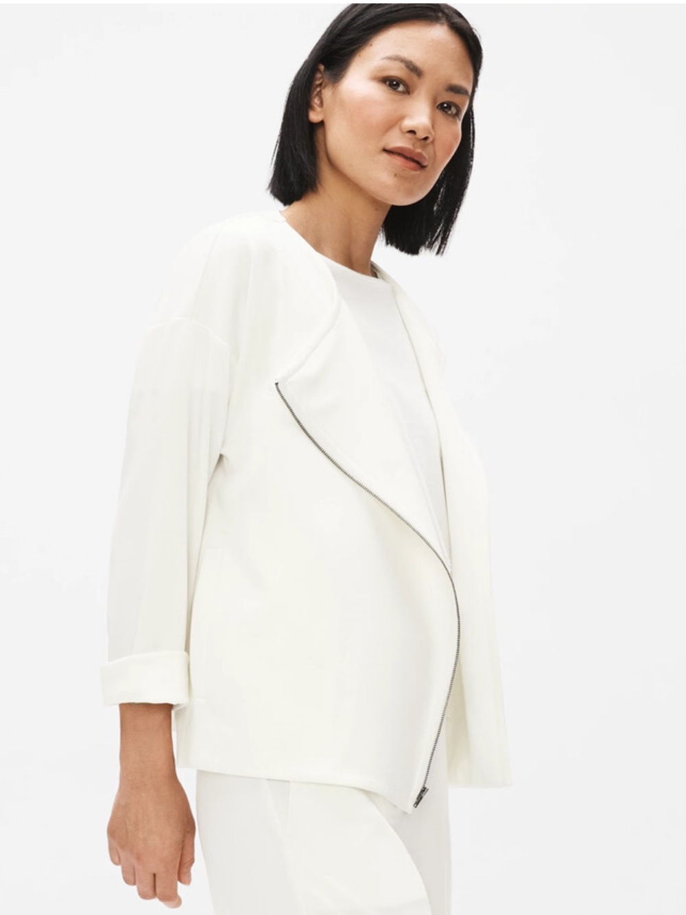 Eileen Fisher Off-White Asymmetric Zip Blazer